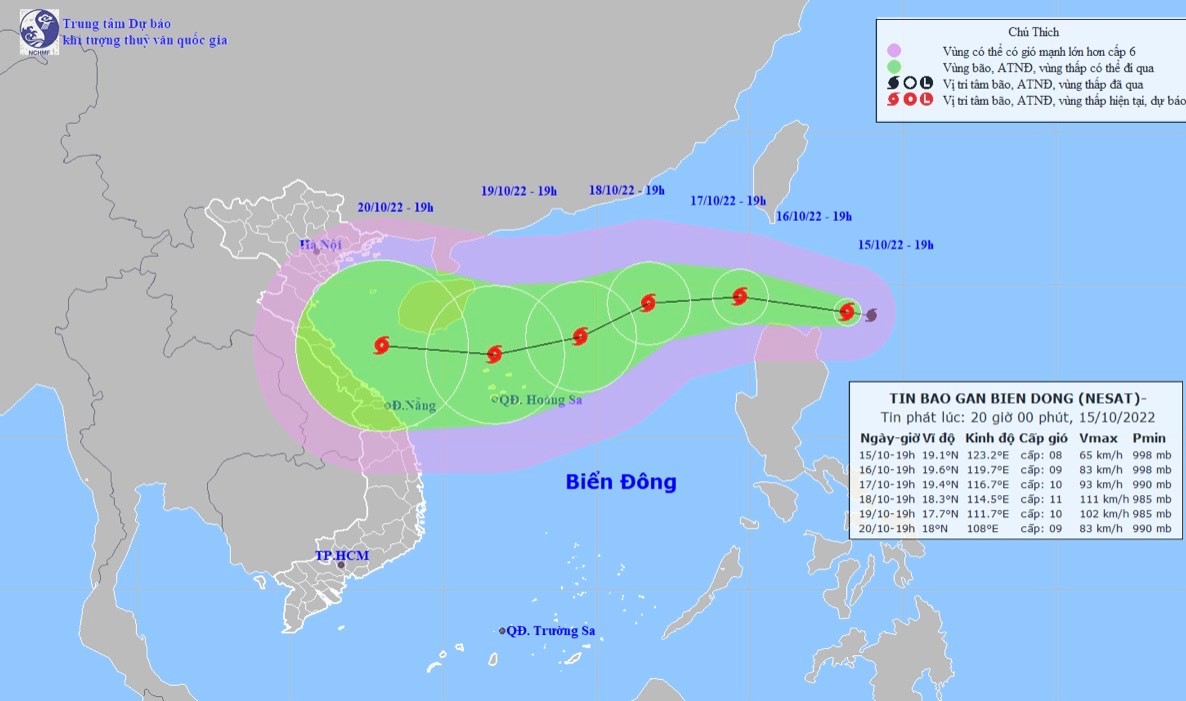 Vị trí và hướng di chuyển tiếp theo của bão Nesat. (Ảnh: Trung tâm Dự báo KTTVQG)