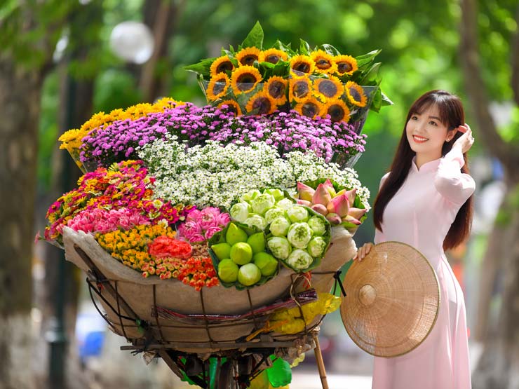 Thiếu nữ đẹp rạng rỡ bên những xe hoa mùa thu Hà Nội