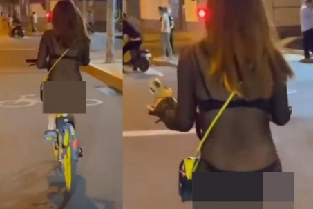 Cô gái diện xuyên thấu đạp xe làm người đi đường không dám nhìn thẳng