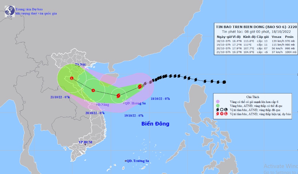 Vị trí và hướng di chuyển tiếp theo của bão số 6 Nesat. (Ảnh: Trung tâm Dự báo KTTVQG)
