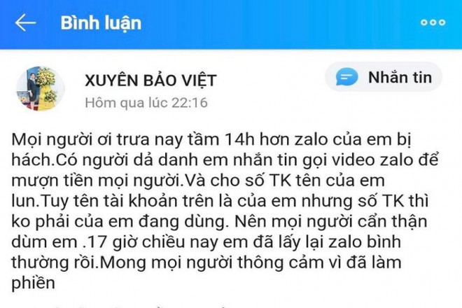 Chị Xuyên cảnh báo mọi người ngay khi phát hiện zalo bị hắc mượn tiền tứ tung. Ảnh: TRẦN VŨ