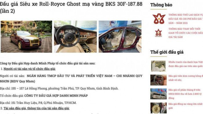 Thông báo đấu giá lần 2 chiếc Rolls-Royce Ghost mạ vàng của ông Trịnh Văn Quyết