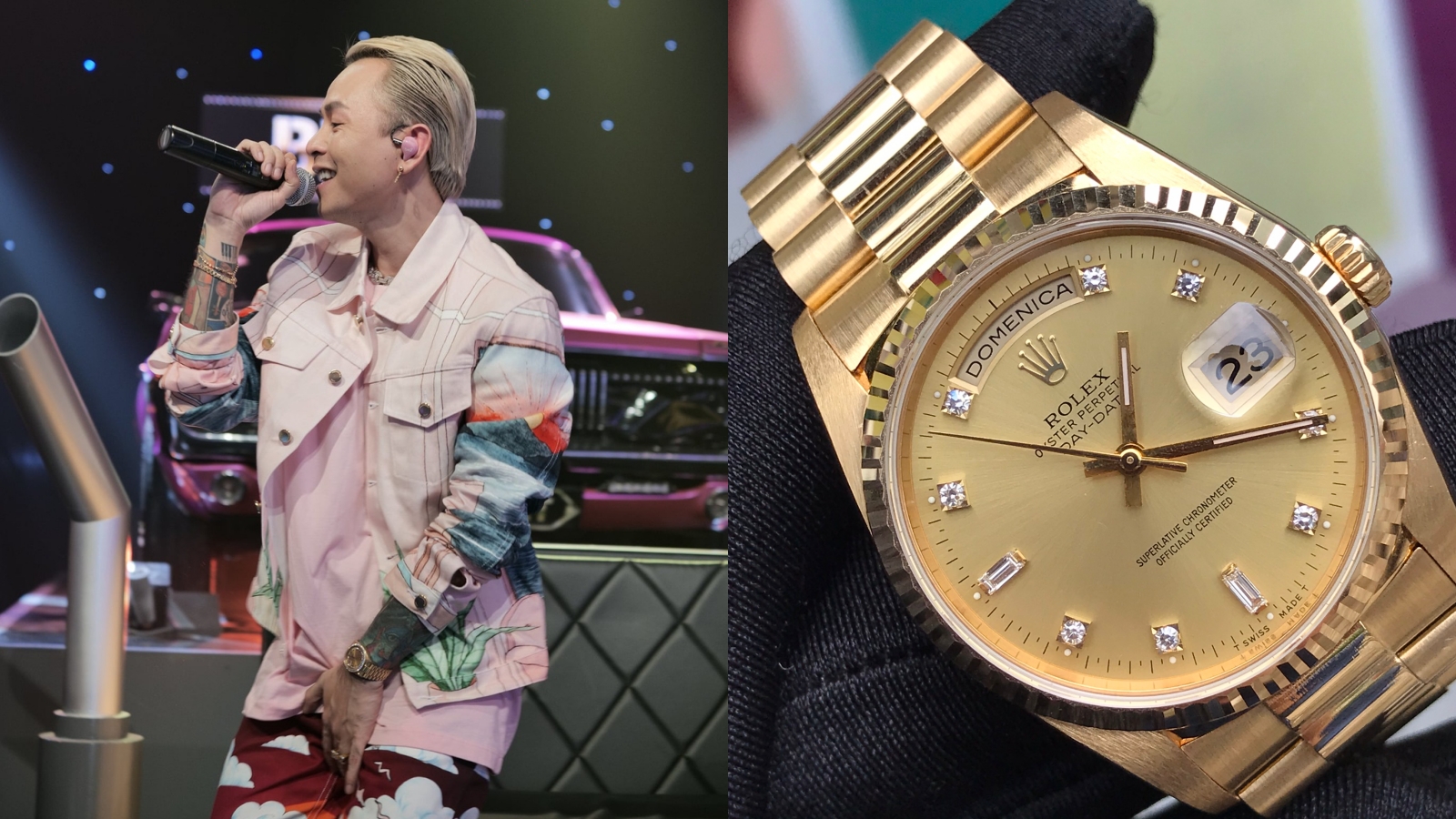 Rolex 18238 từng được Binz ưu ái xuất hiện cùng trong MV Bigcityboi, được làm từ vàng nguyên khối 18k, tô điểm thêm những chi tiết bằng kim cương và đá quý đắt giá tại vành bezel và mặt số đồng hồ, thật sự nổi bật và xa hoa. Trên thị trường, chiếc đồng hồ này được bán với giá 17.000 USD.