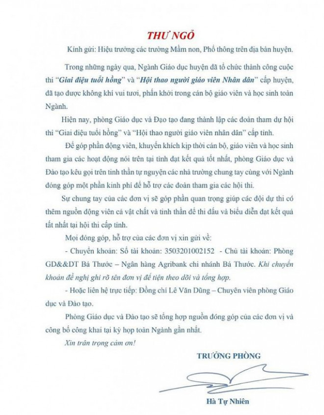 Trưởng phòng huyện nghèo nhất nước ở Thanh Hóa ra thư ngỏ &#34;xin tiền&#34; các trường - 1