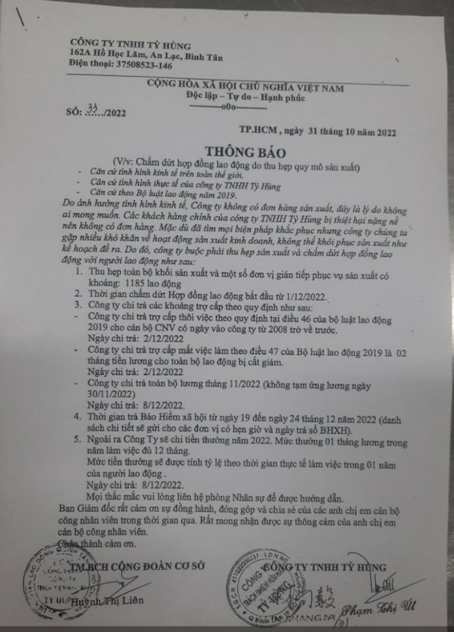 Thông báo chấm dứt hợp đồng lao động của Công ty TNHH Tỷ Hùng