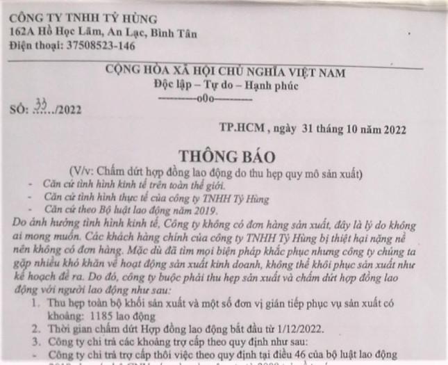 Công ty Tỷ Hùng quyết định chấm dứt hợp đồng lao động với gần 1.200 nhân viên.