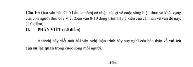 Đề kiểm tra môn Văn lớp 10, trường THPT Ten Lơ Man, quận 1. Ảnh: NGUYỄN QUYÊN