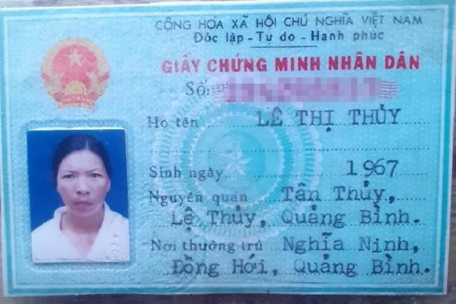 Giấy chứng minh nhân dân của bà Lê Thị Thủy.