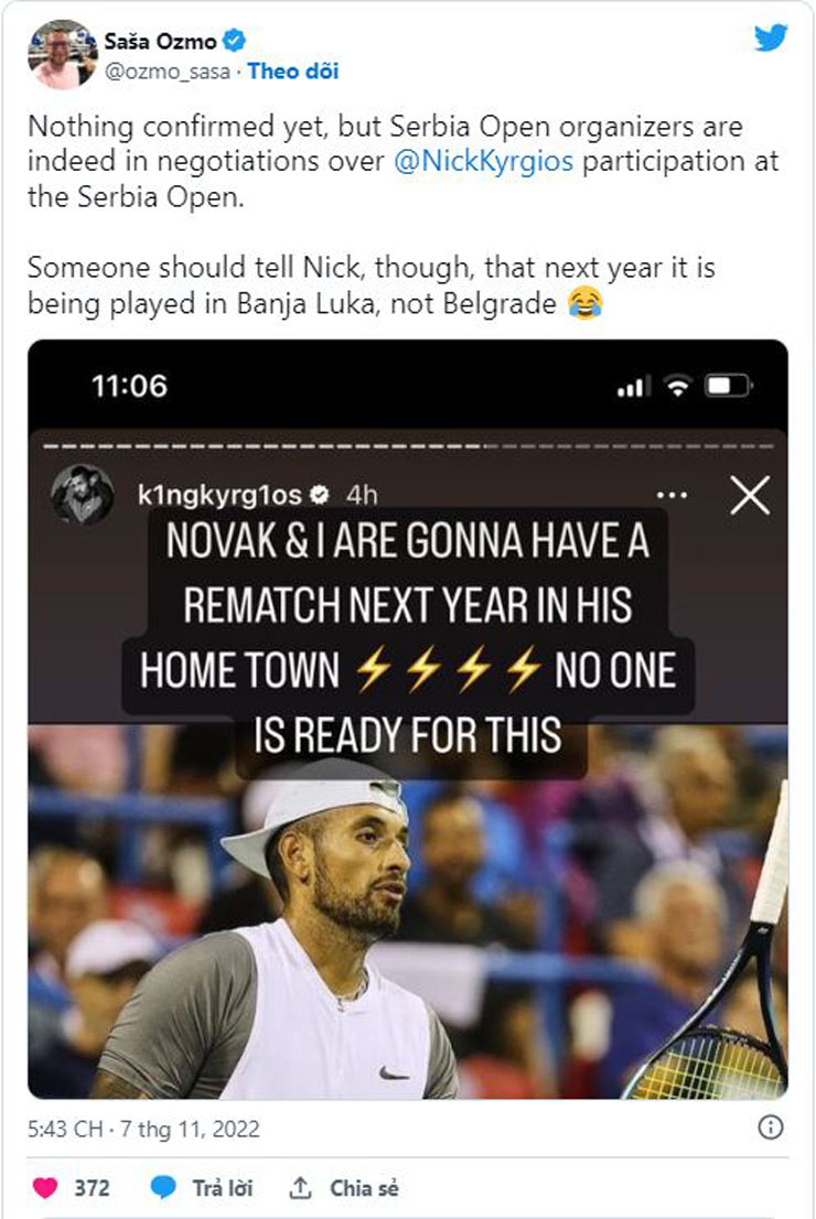 "Trai hư" Nick Kyrgios hí hửng hẹn tái đấu Djokovic ở Serbia Open, nhưng bị nhà báo Sasa Ozmo "bóc phốt" nhầm địa điểm tổ chức giải này năm sau