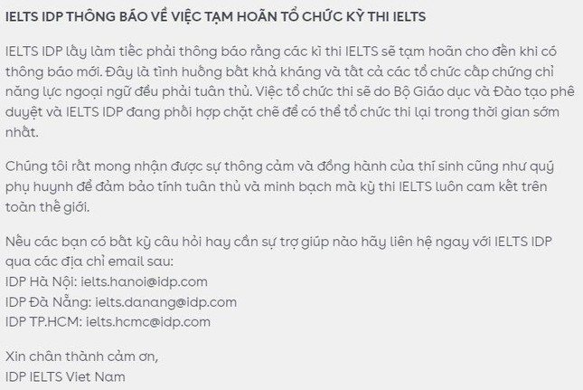 Thông báo tạm hoãn tổ chức kỳ thi IELTS được gửi về từ IDP. Ảnh: Trần Công Đăng Khoa