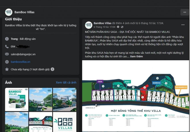 Theo thiết kế của chủ đầu tư, dự án có nhiều tiện ích đi kèm như nhà hàng, quán cà phê, khu vui chơi dành cho trẻ em, hồ bơi công cộng. Trong ảnh, chủ đầu tư đăng bán dự án Bamboo Villas trên facebook.