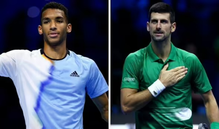 Aliassime (trái) như biến thành Djokovic trong trận thắng áp đảo Nadal