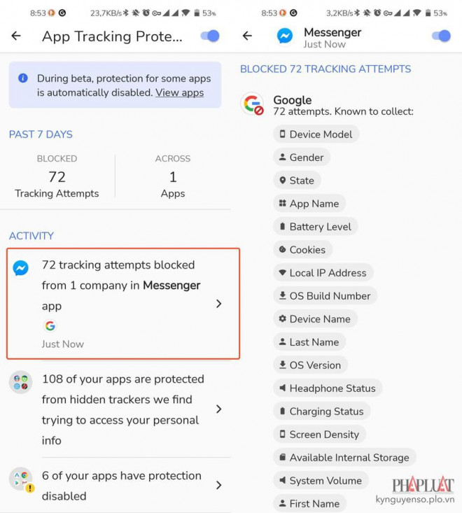 App Tracking Protection ngăn chặn Messenger gửi dữ liệu. Ảnh: MINH HOÀNG