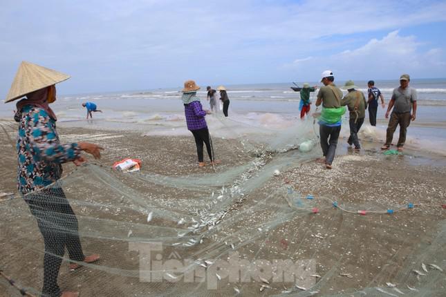 Thay vì dùng thuyền để thả lưới, người dân kết lưới dài từ 300-400m rồi đưa ra biển cách bờ chừng 500m để thả. Sau đó mỗi bên 5-10 người cùng nhau đi lùi kéo lưới vào bờ.