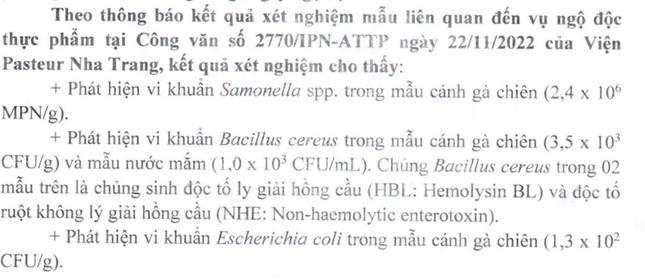 Vụ học sinh ngộ độc tập thể tại Nha Trang: Phát hiện nhiều loại vi khuẩn trong cánh gà chiên - 2