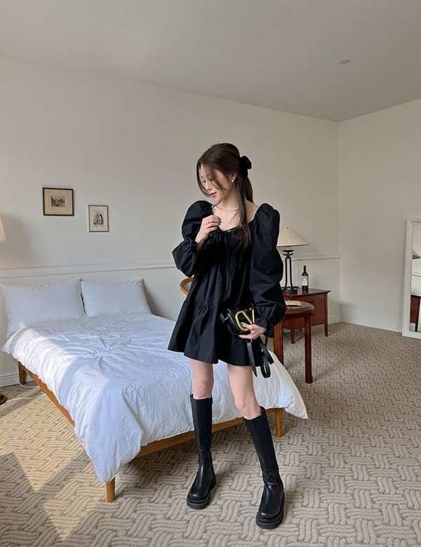 Đầm đen babydoll tay dài bo thun HL19-06 | Thời trang công sở K&K Fashion