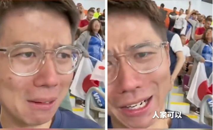 Một người hâm mộ bóng đá Trung Quốc nổi tiếng trên Weibo với nickname Goat bật khóc nói lời chạnh lòng&nbsp;trên khán đài&nbsp;sau khi đội tuyển Nhật Bản có chiến thắng chấn động trước đội tuyển Đức. Ảnh: Weibo