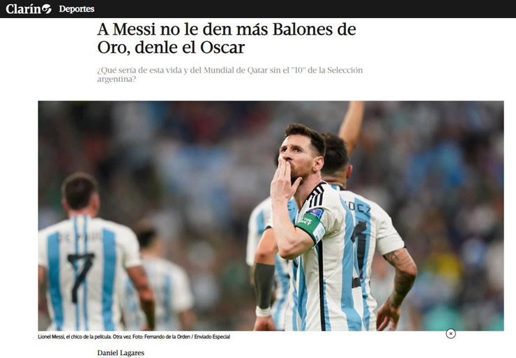 Tờ Clarin cho rằng Frank Football đừng nên trao "Quả bóng vàng" cho Messi nữa khi anh đã có 7 lần ẵm giải này và đội trưởng ĐT Argentina nên được nhận tượng vàng Oscar