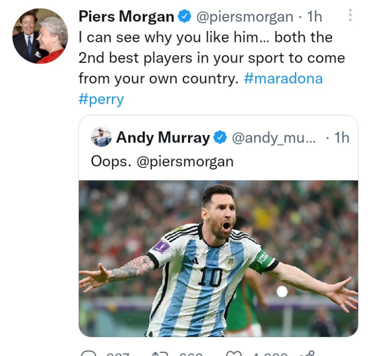 Màn đối đáp hài hước giữa Andy Murray và&nbsp;Piers Morgan về Ronaldo - Messi