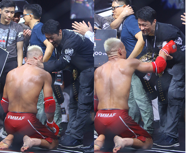 Quang Lộc quỳ gối, trao lại đai vô địch MMA LION Championship cho Johnny Trí Nguyễn