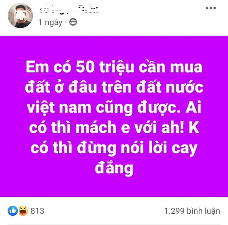 Thông tin tìm mua đất với số tiền 50 triệu đồng thu hút hàng nghìn lượt tương tác