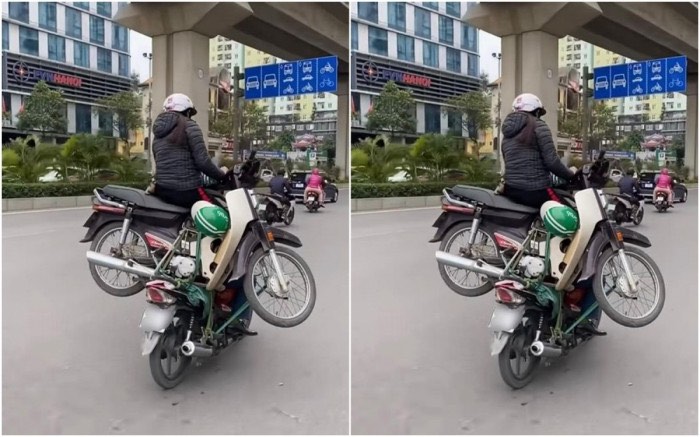 Tài xế xe máy “công kênh cả người lẫn xe” đi vun vún giữa phố Hà Nội