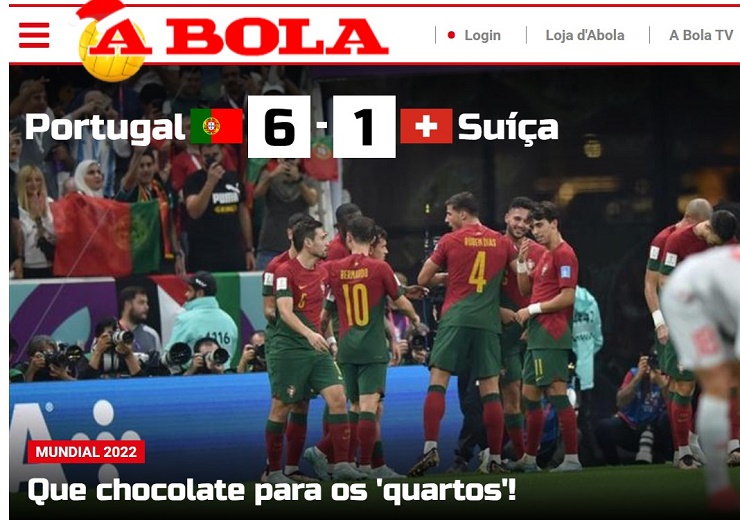 Tờ A Bola (Bồ Đào Nha) gọi chiến thắng của đội nhà là "vùi dập"