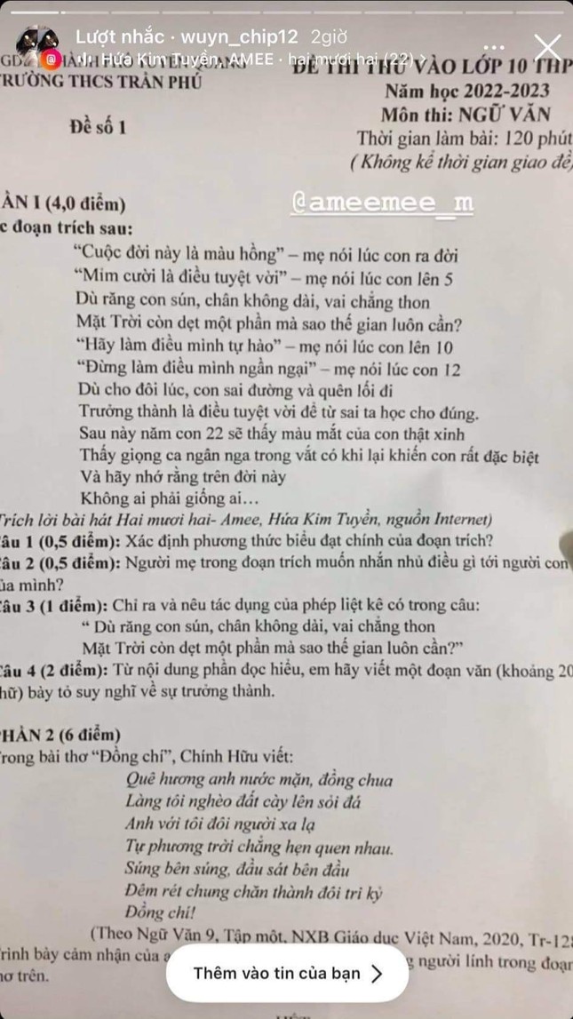 Hai Mươi Hai cũng xuất hiện trong đề thi thử của trường THCS Trần Phú.