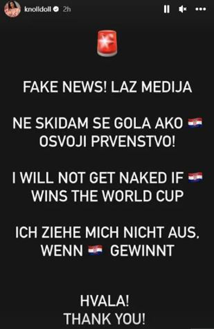 Người đẹp sinh năm 1992 đính chính trên trang Instagram tin đồn mình sẽ khỏa thân nếu Croatia vô địch World Cup năm nay