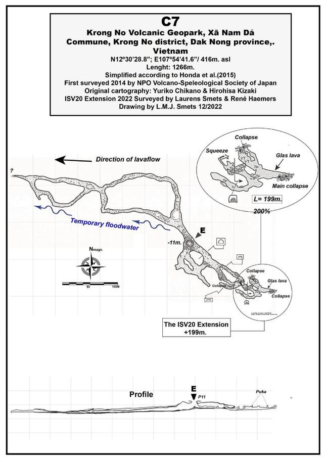 Sơ đồ hang C7 bổ sung nhánh hang mới phát hiện – Đồ họa: Laurens Smets; Nguồn: Ban QLCĐCTC UNESCO Đắk Nông