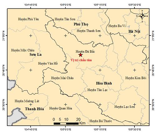 Địa điểm xảy ra động đất ở Hòa Bình chiều 14-12. Nguồn: Viện Vật lý Địa cầu