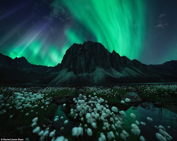 Rachel Jones Ross hướng ống kính lên bầu trời phía trên dãy núi Tombstone ở vùng Yukon, Canada để chụp bức ảnh đầy mê hoặc này.&nbsp;Nhiếp ảnh gia nói: “Bầu trời phía bắc vô cùng hấp dẫn.&nbsp;Tôi từng nghe những câu chuyện về vùng đất của Mặt trời lúc nửa đêm. Vào mùa hè, Mặt trời không bao giờ lặn, mùa đông cũng không có hoặc có rất ít”.
