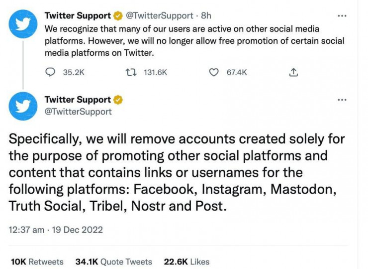 Twitter Support thông báo về việc sẽ xóa các tài khoản được tạo ra để quảng bá các mạng xã hội khác.