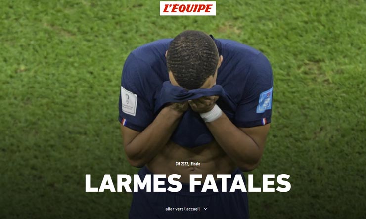 Tờ L'Equipe lấy hình ảnh giọt nước mắt Mbappe làm hình ảnh trang đầu