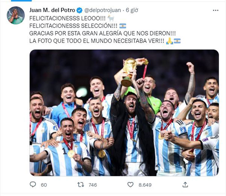 Del Potro chia vui cùng Messi và ĐT Argentina vô địch thế giới