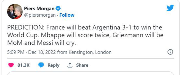 Piers Morgan có mối quan hệ thân thiết với Ronaldo và ông đã dự đoán xem thường cơ hội vô địch World Cup&nbsp;của Messi