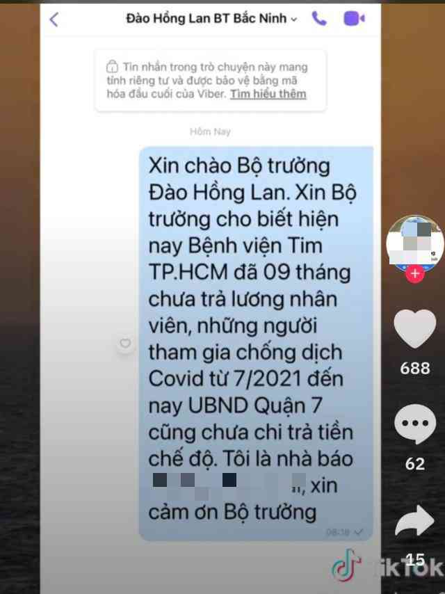 Thông tin được lan truyền trên mạng xã hội TikTok là tin nhắn gửi Bộ trưởng Bộ Y tế. (Ảnh: Bác sĩ cung cấp)