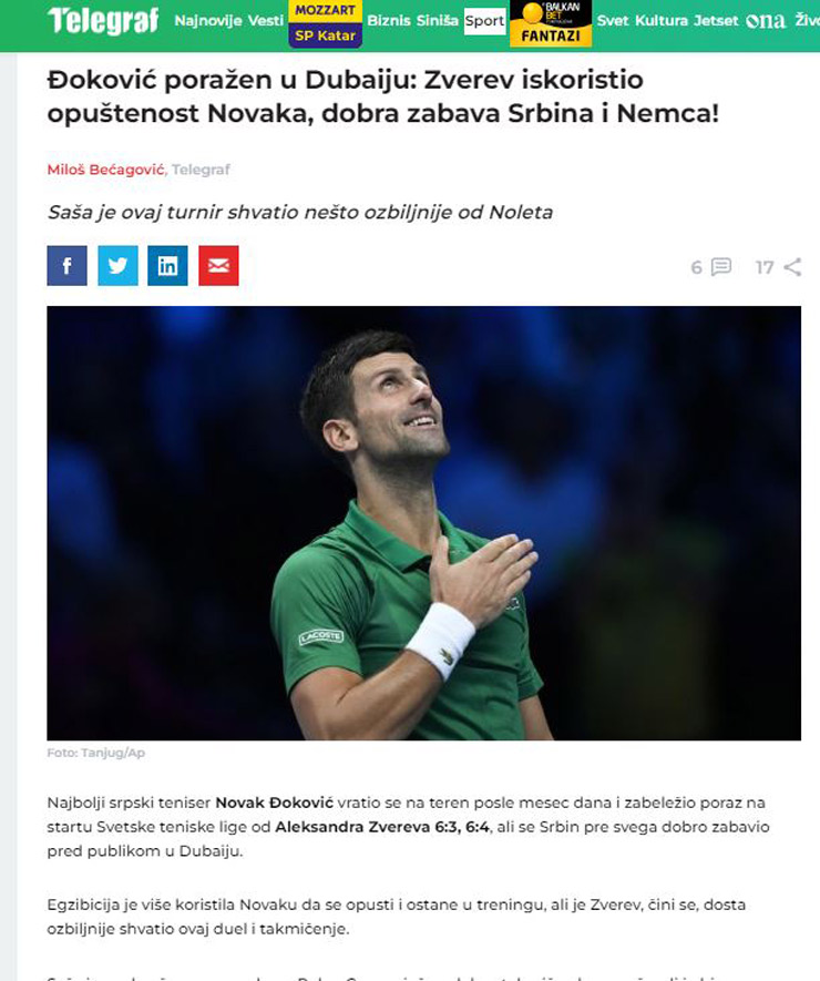 Tờ Telegraf (Serbia) tự tin Nole vẫn đủ sức chinh phục Australian Open 2023