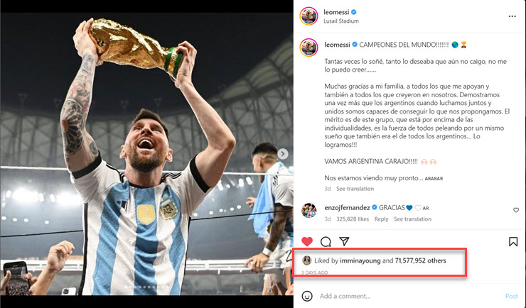 Bức ảnh kỷ lục của Messi đã có hơn 71,5 triệu lượt thích.