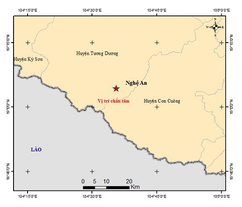 Vị trí động đất xảy ra ở Nghệ An trong chiều nay (27/12)