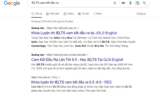 Khoảng 4.750.000 kết quả cho từ khóa "IELTS cam kết đầu ra". Ảnh chụp màn hình