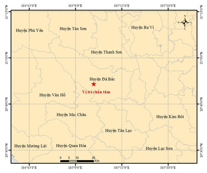 Vị trí trận động đất 4 richter ở Đà Bắc, Hòa Bình chiều nay, 29/12