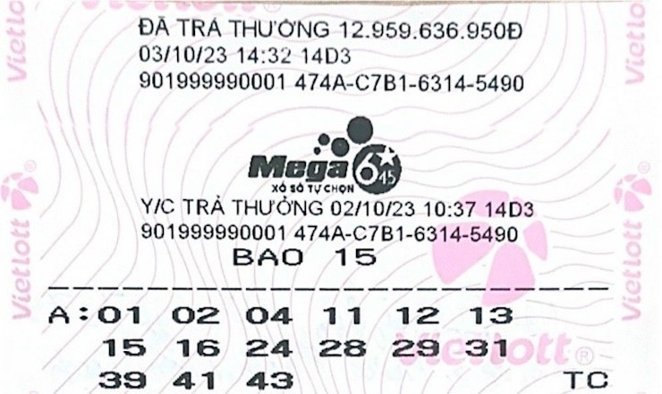 Tấm vé trúng thưởng của giải Jackpot Mega 6/45 kỳ quay&nbsp;#1102.