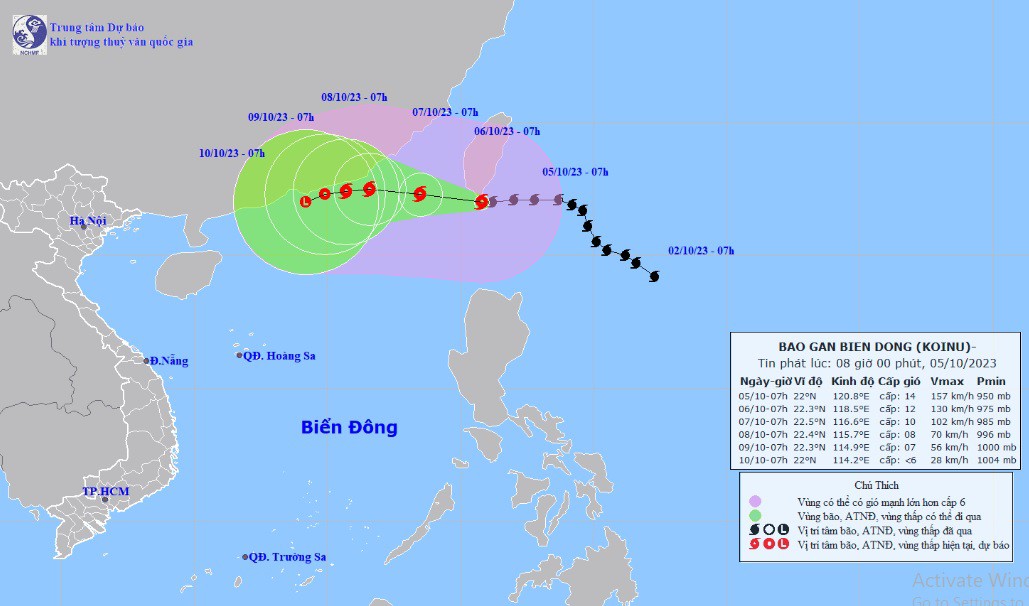 Vị trí và hướng di chuyển tiếp theo của bão Koinu. (Ảnh: Trung tâm Dự báo KTTVQG)