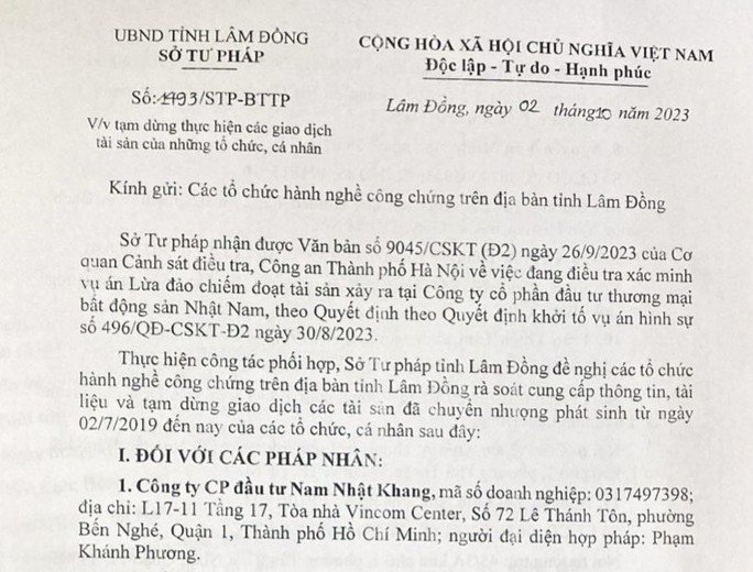 Văn bản của Sở Tư pháp Lâm Đồng về việc tạm dừng giao dịch tài sản của các tổ chức cá nhân