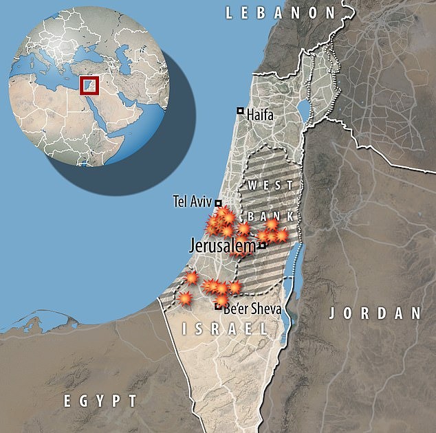 Các khu vực bị trúng rocket ở Israel. Ảnh: Daily Mail