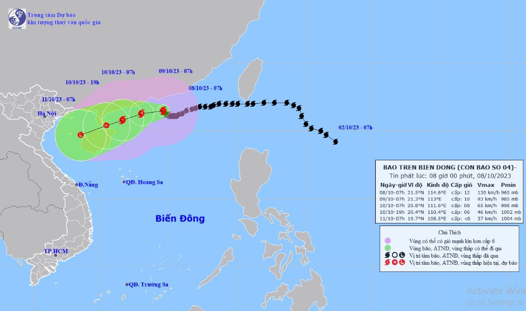 Vị trí và hướng di chuyển tiếp theo của bão số 4 Koinu. (Ảnh: Trung tâm Dự báo KTTVQG)