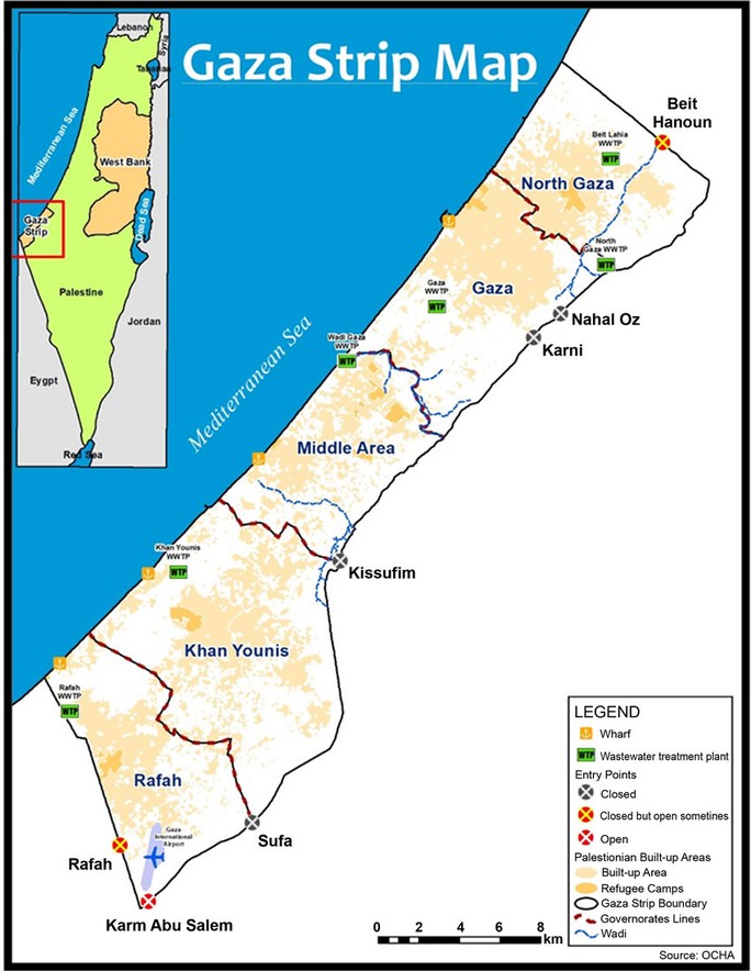 Bản đồ Dải Gaza. Ảnh: OCHA