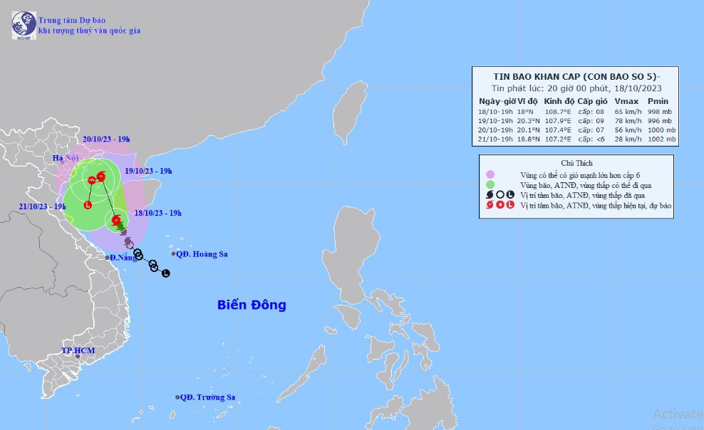 Vị trí và hướng di chuyển tiếp theo của bão số 5 (Ảnh: Trung tâm Dự báo KTTVQG)