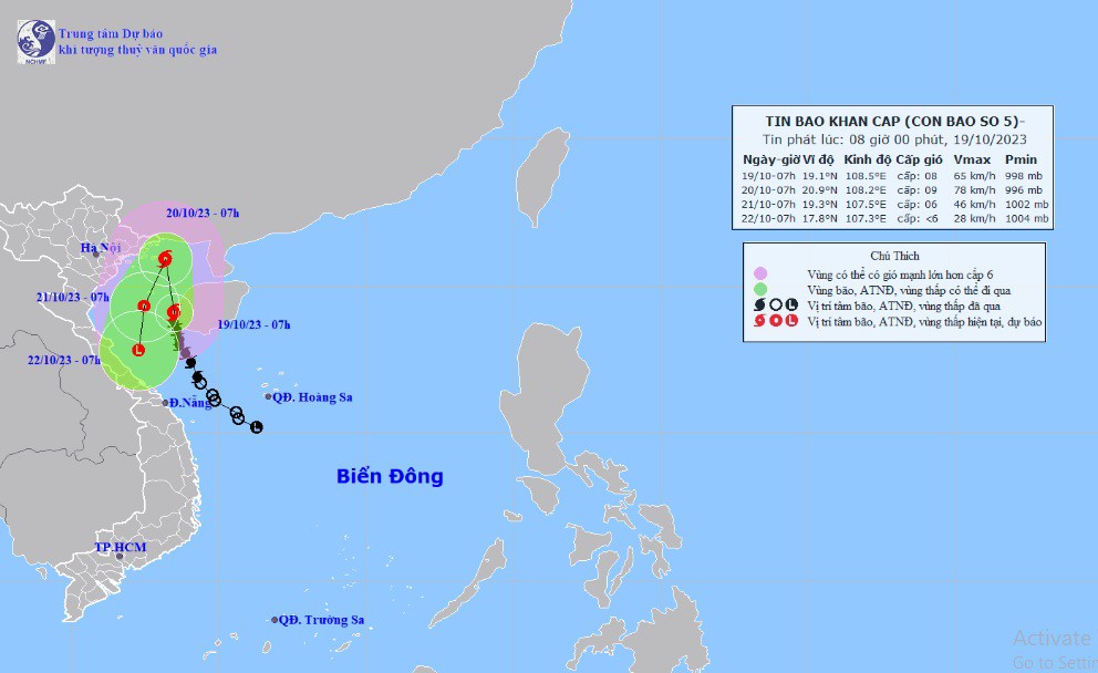 Vị trí và hướng di chuyển tiếp theo của bão số 5. (Ảnh: Trung tâm Dự báo KTTVQG)